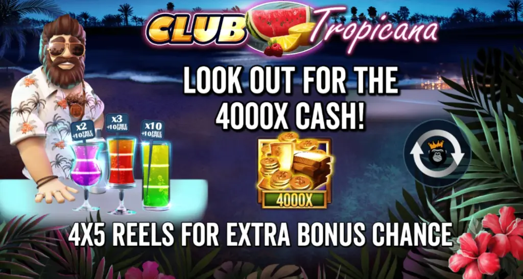 The Club Tropicana Happy Hour intro screen showcasing the max win and bonus features.