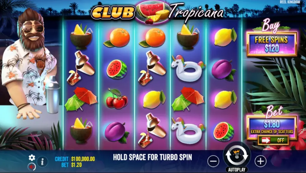 The Club Tropicana Happy Hour main screen showcasing reels with symbols and buttons.