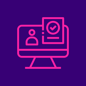 A neon pink registering logo on a purple background.