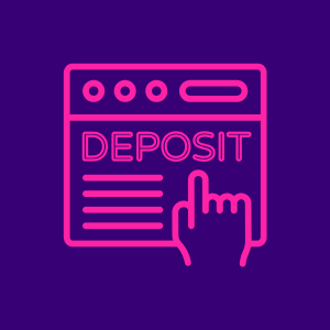 A neon pink depositing logo in the dark background.