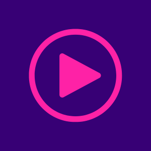 A neon pink play logo.