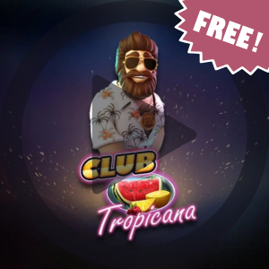 A vibrant banner showing a character from Club Tropicana with the word 'FREE!' on a red ribbon