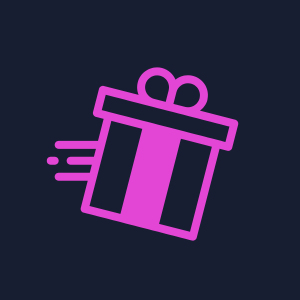A gift box icon with motion lines indicating fast delivery, in bright purple
