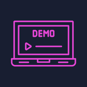 A laptop icon with a play button and the word 'DEMO' displayed in purple neon.