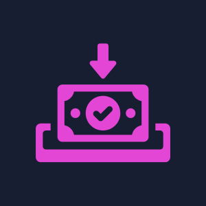 An icon showing money being deposited into a system with a check mark, in bright purple.