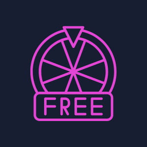 A wheel of fortune icon with 'FREE' in neon purple, symbolizing free offers.