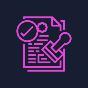 Document with a check mark and a stamp icon in pink neon