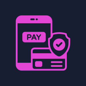 Mobile payment icon with a card and shield symbol in pink neon.