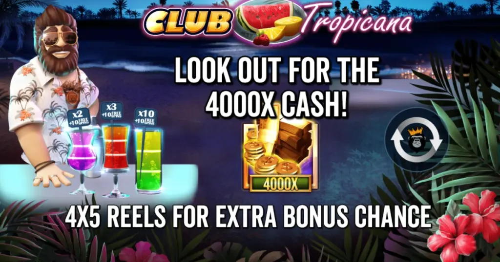 The Club Tropicana Happy Hour intro screen showcasing the max win and bonus features.