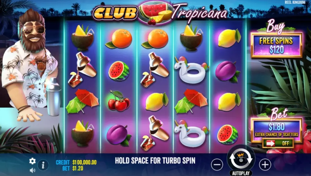 The Club Tropicana Happy Hour main screen showcasing reels with symbols and buttons.