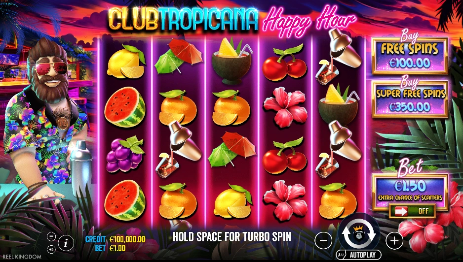 The Club Tropicana Happy Hour main screen showcasing reels with symbols and buttons.